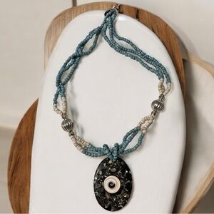 Vintage ‘80s Blue & White Coastal Beaded Necklace With Abalone Look Pendant